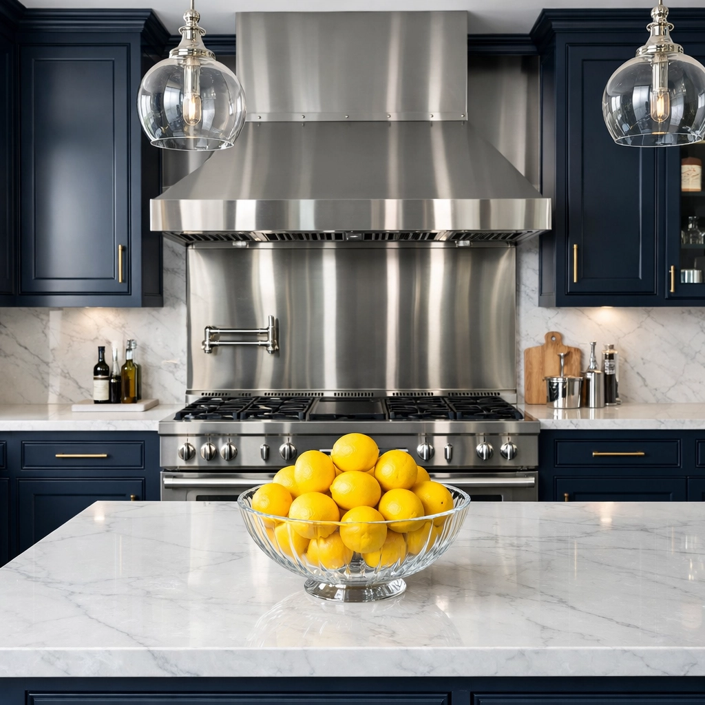 Immaculate luxury kitchen with sparkling marble countertops after professional residential cleaning in Stow MA.