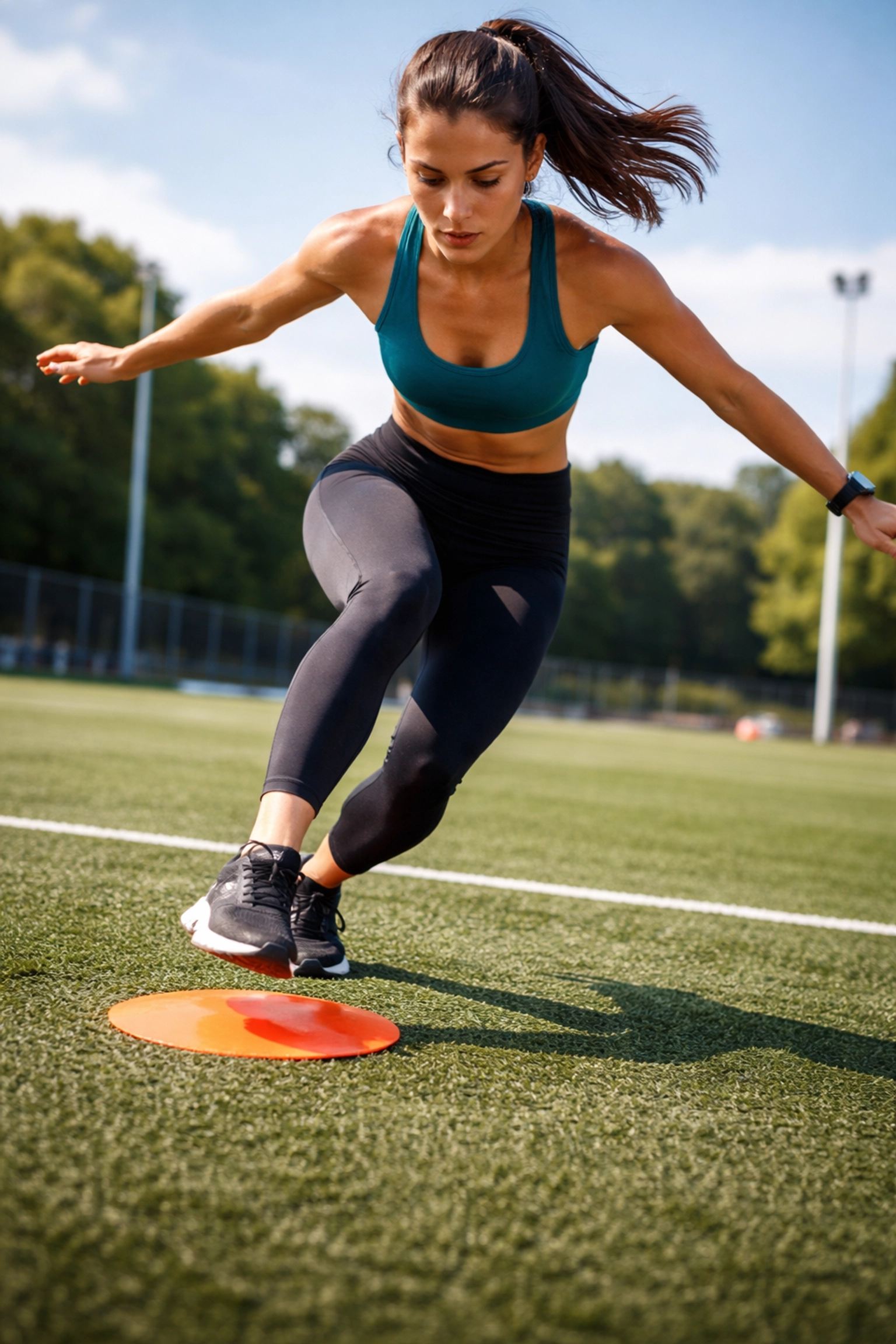 Female athlete mid-hop landing on an orange agility spot on turf during agility training for footwork accuracy