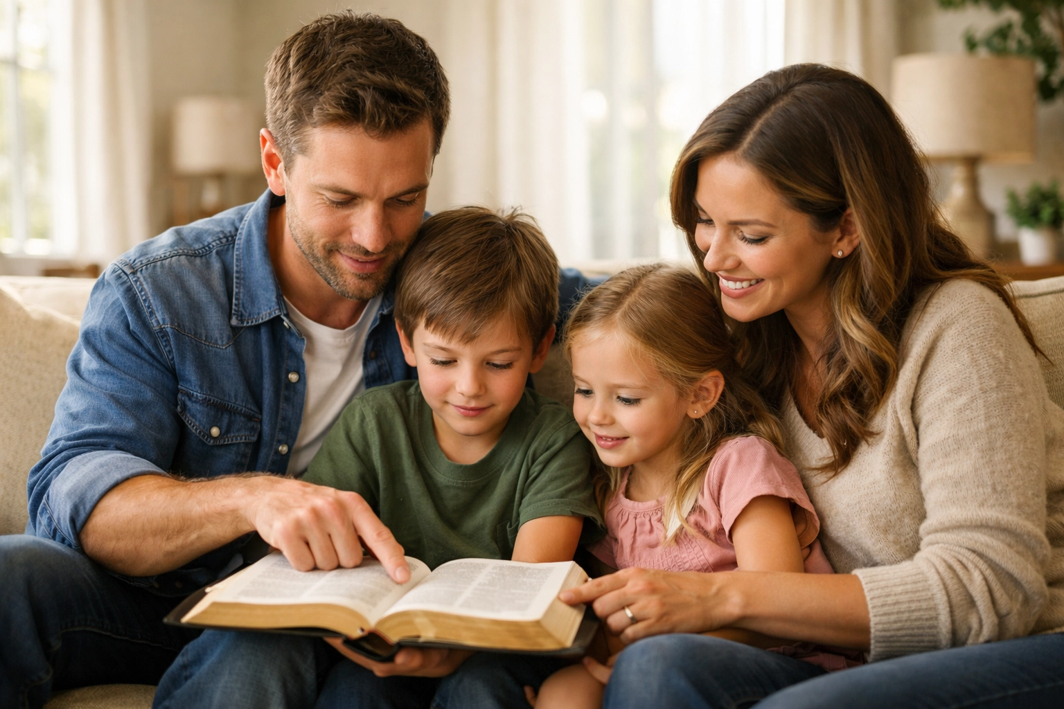 A Christian family reading the Bible together in a sunlit home, growing in faith and connection.