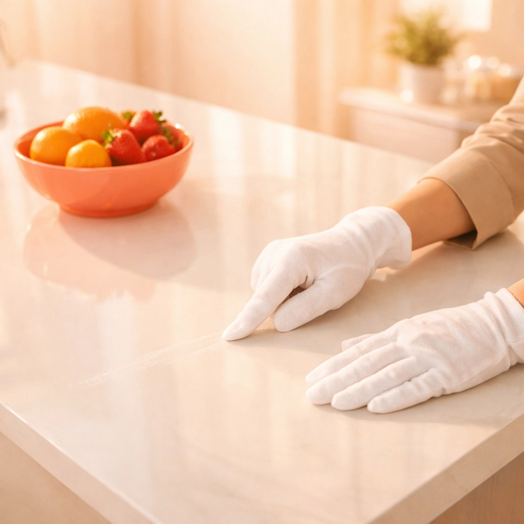 Detailed white-glove inspection of a clean kitchen island by a professional cleaning service in Cedar Falls.