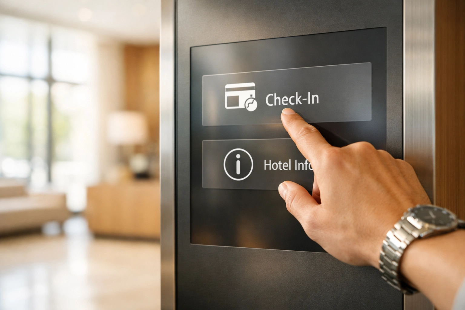 A guest using a sleek self-check-in kiosk in a sun-drenched modern hotel lobby.