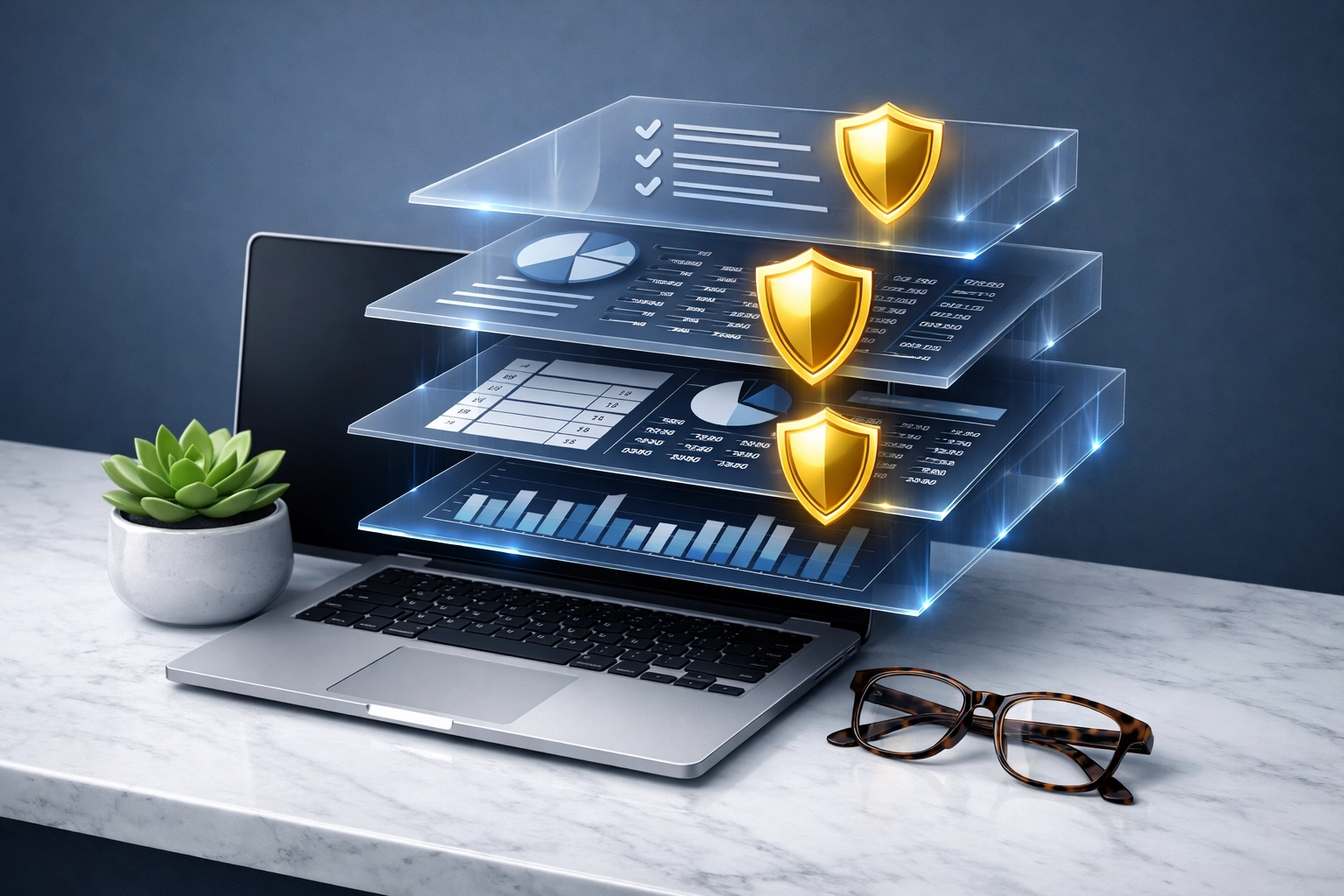 Modern workspace showing organized digital bookkeeping and tax compliance services for medical and dental practices.