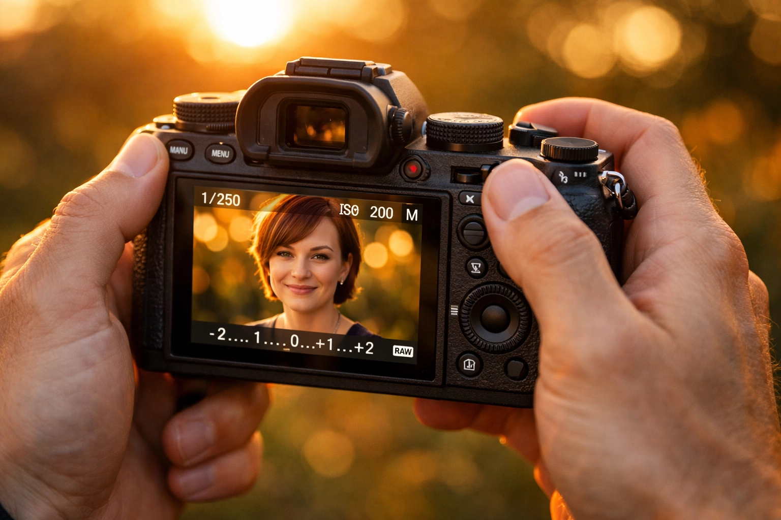 Photographer using a mirrorless camera to master manual mode for stunning portraits with background blur.