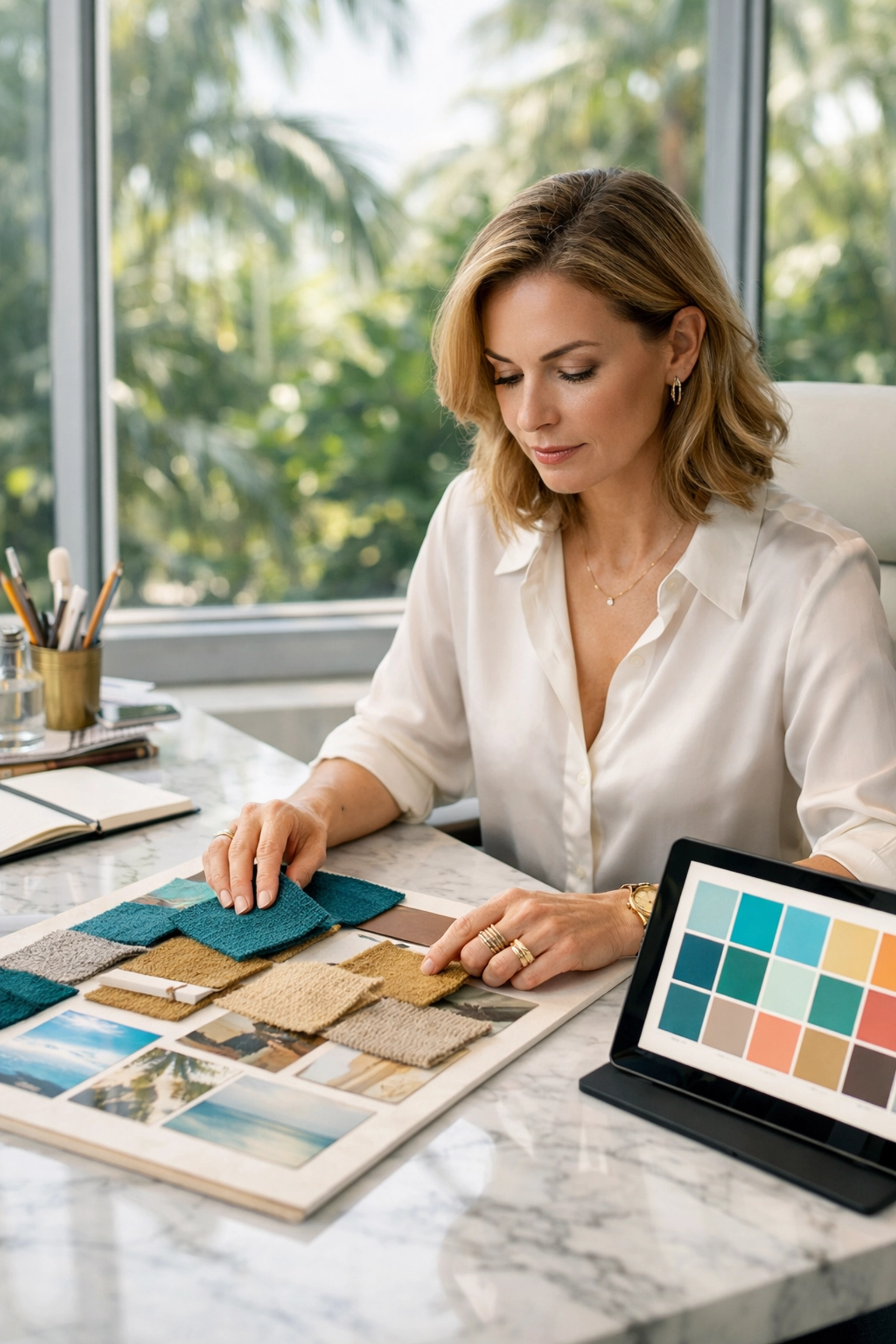 Brand photography miami planning session with a creative director in a bright tropical studio.