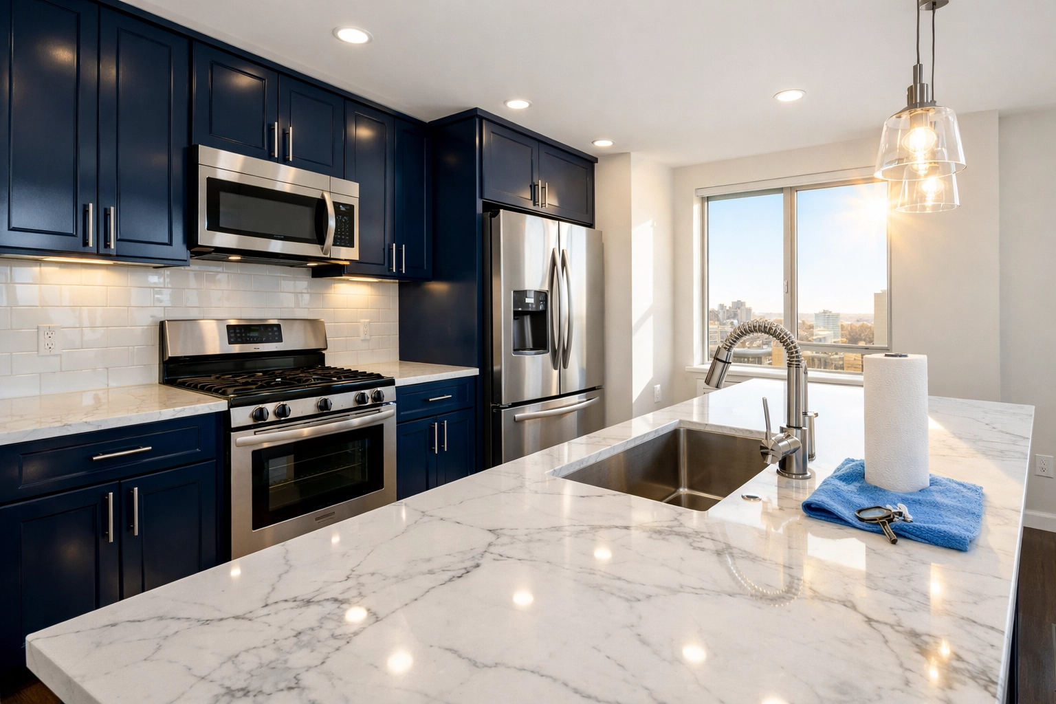 Pristine luxury apartment kitchen with marble countertops prepared for a move-in ready tenant turnover.