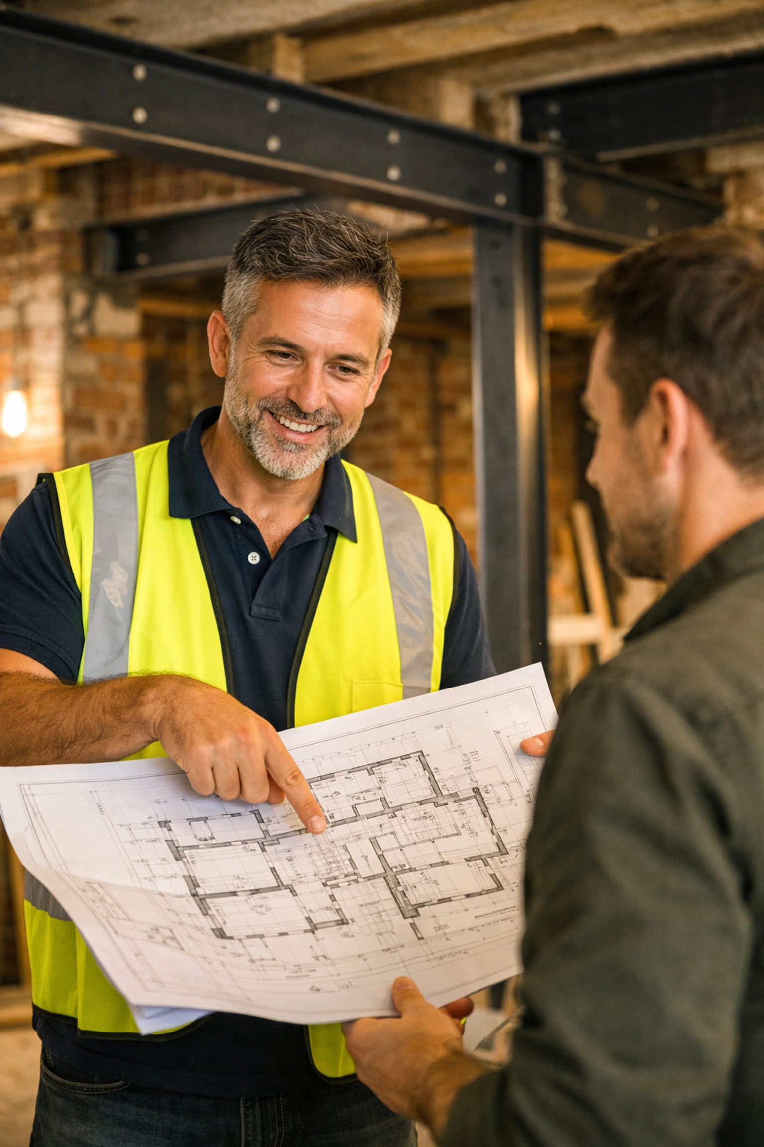 North London builder Director Leo discussing renovation plans with a client in a high-end Victorian home.