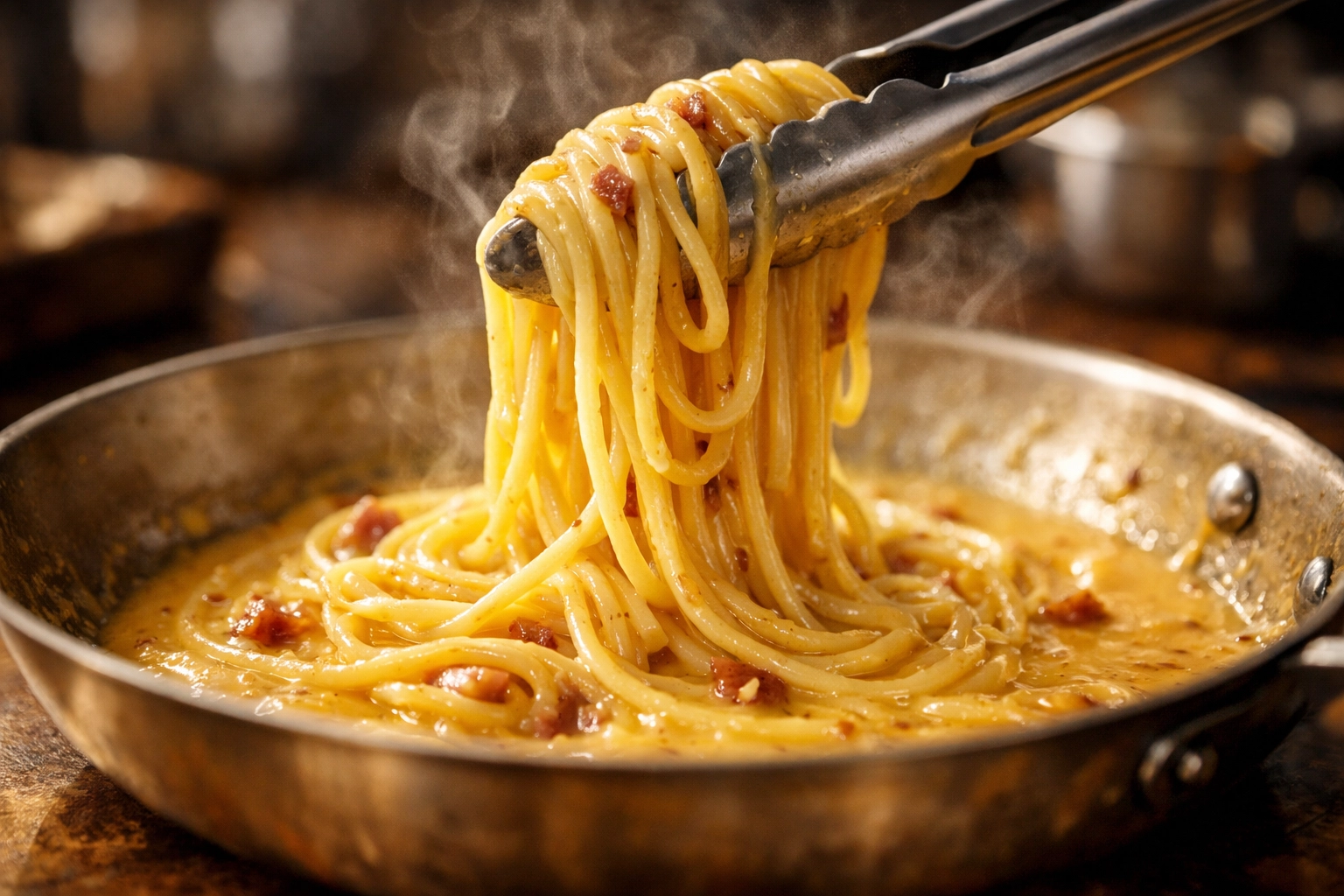 Silky pasta sauce emulsion coating noodles in a warm pan (duck egg carbonara-style finish).