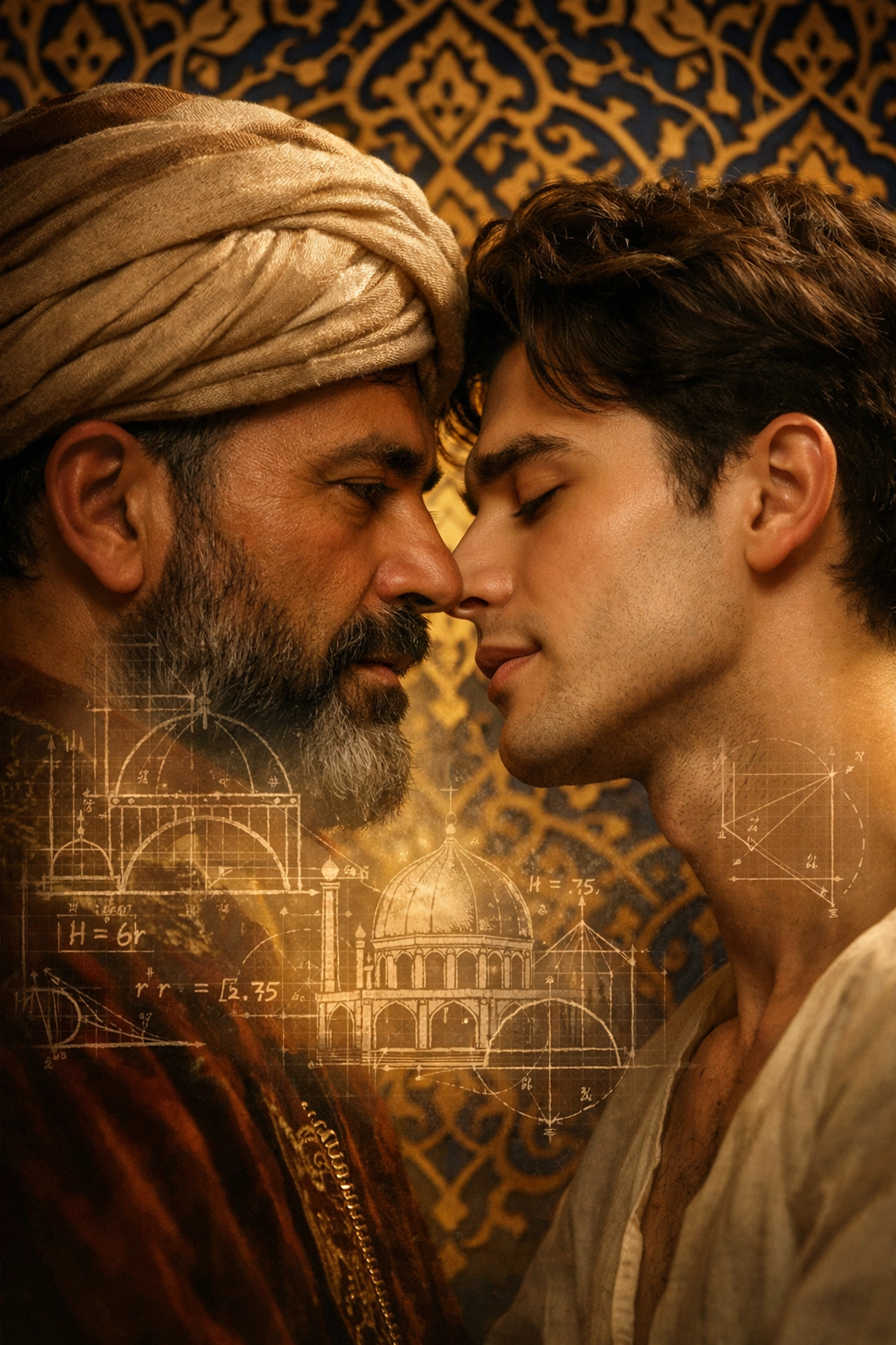 Master architect and apprentice in intimate moment showcasing bisexual awakening in Ottoman Empire