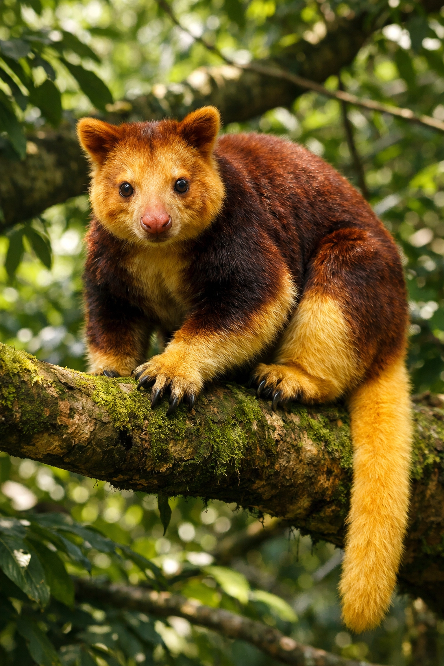 A Matschie’s Tree Kangaroo in a lush canopy, representing zoo captive breeding success stories.