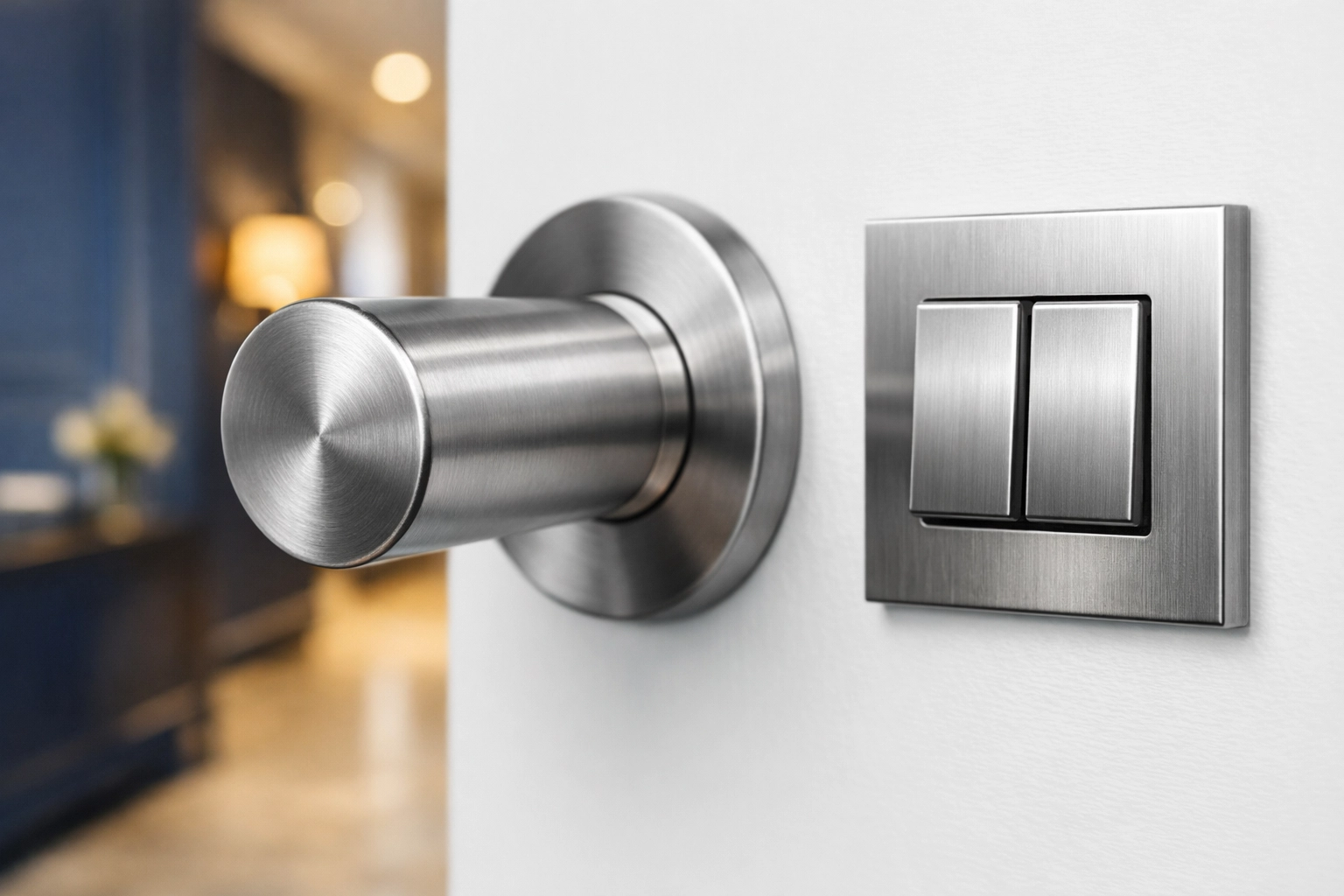 Clean stainless steel doorknob and light switch on a white wall for move-out cleaning.