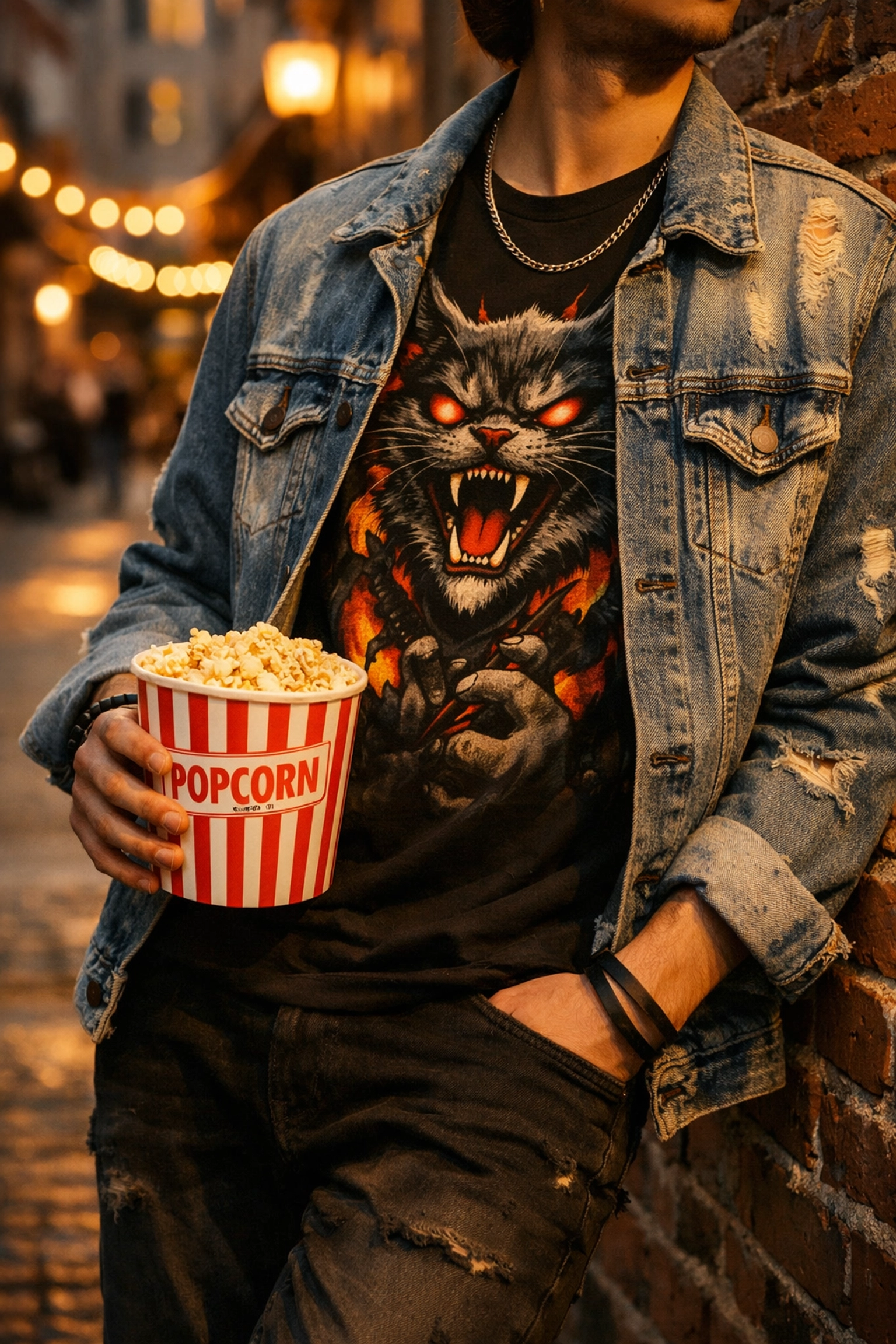 Urban lifestyle fashion shot of a movie fan wearing a cult cat t-shirt and denim jacket.