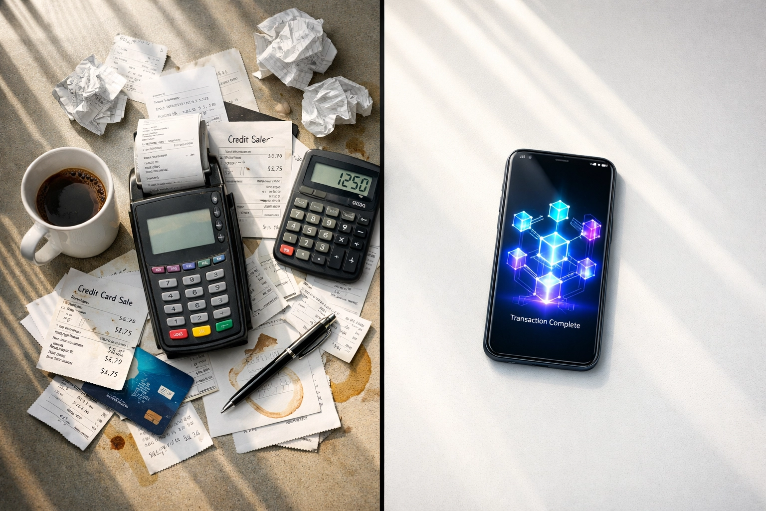 Traditional payment terminal receipts compared to blockchain-based crypto payment tracking