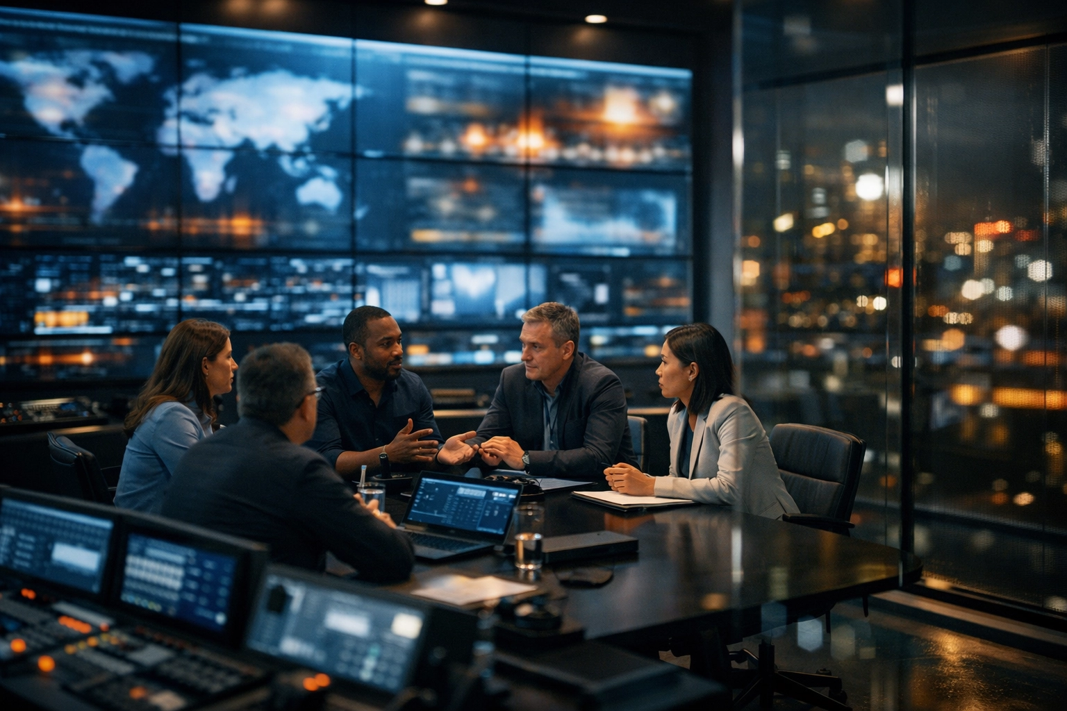 Strategic media consultants in a corporate control room planning global industry impact.