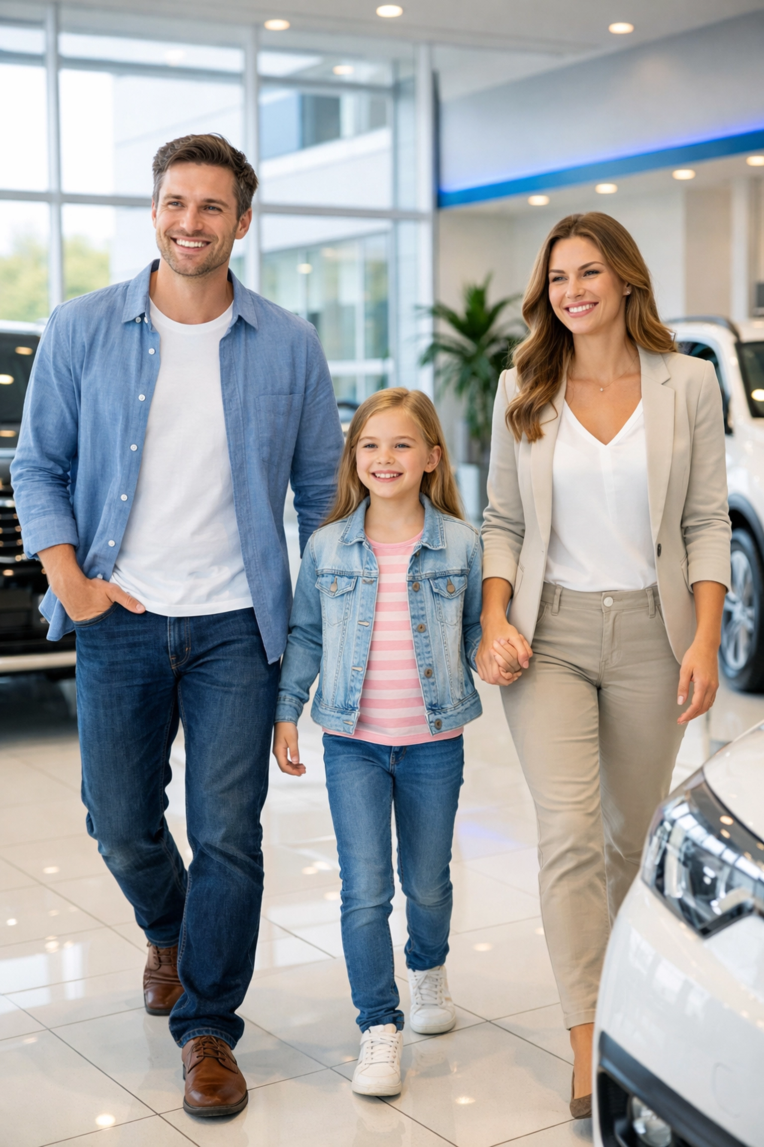 Happy customers in clean, well-maintained car dealership showroom