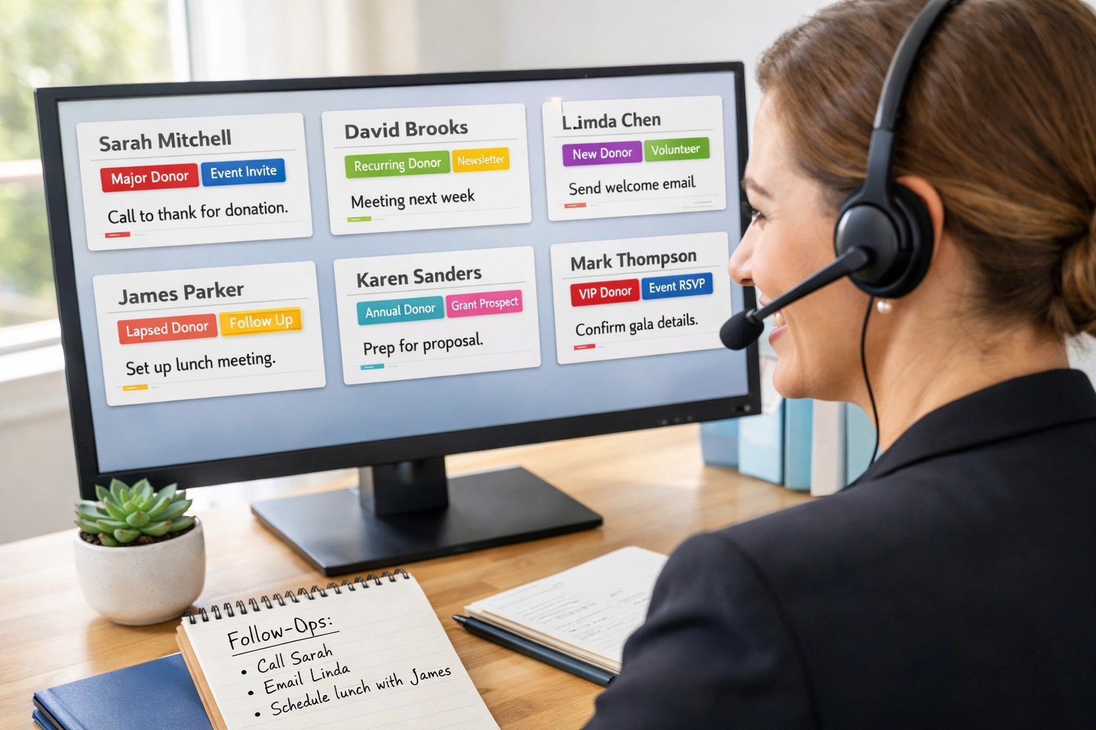 Fundraising professional managing donor information with AI-powered calling system support