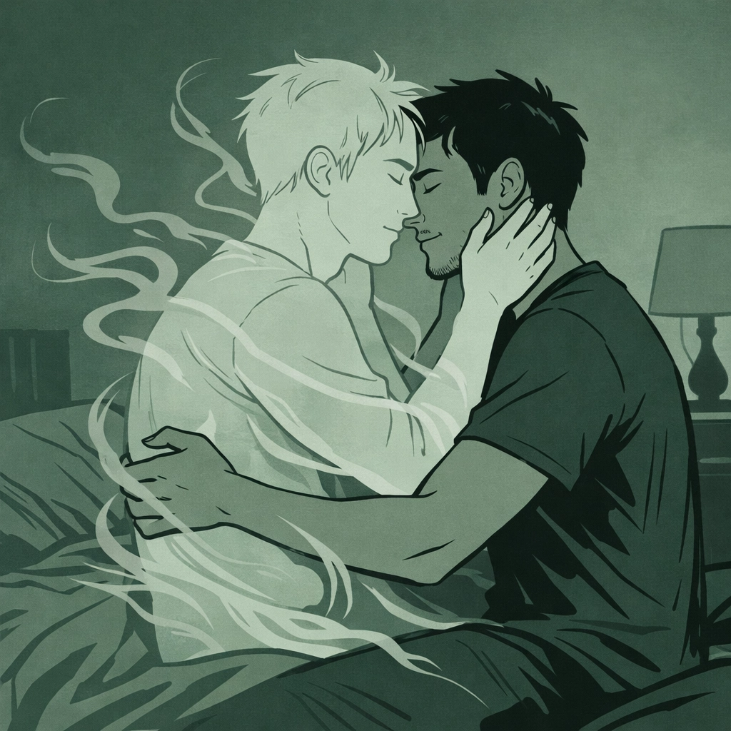 Two men embracing in supernatural MM romance, one living and one ghostly spirit