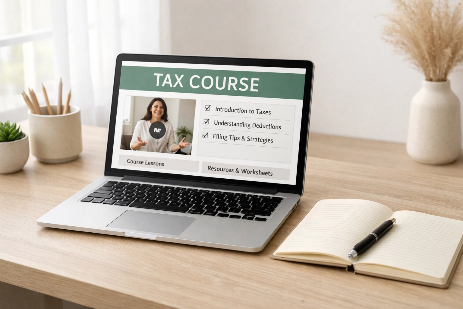 Online tax course student studying at home office with laptop and materials