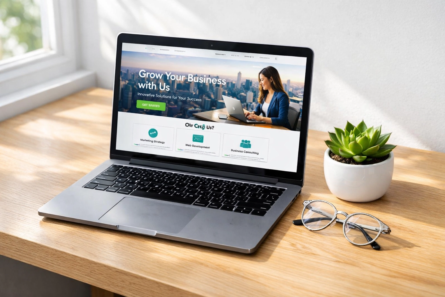 Professional business website displayed on a laptop in a bright office, showcasing fast web development.