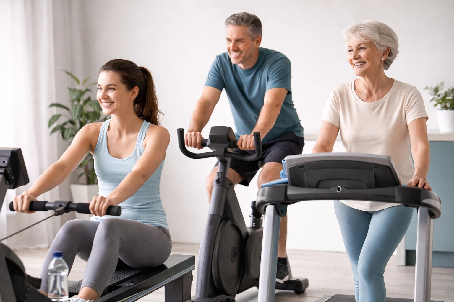 People of different ages exercising in a modern gym to show age-specific cardio routines and longevity fitness.