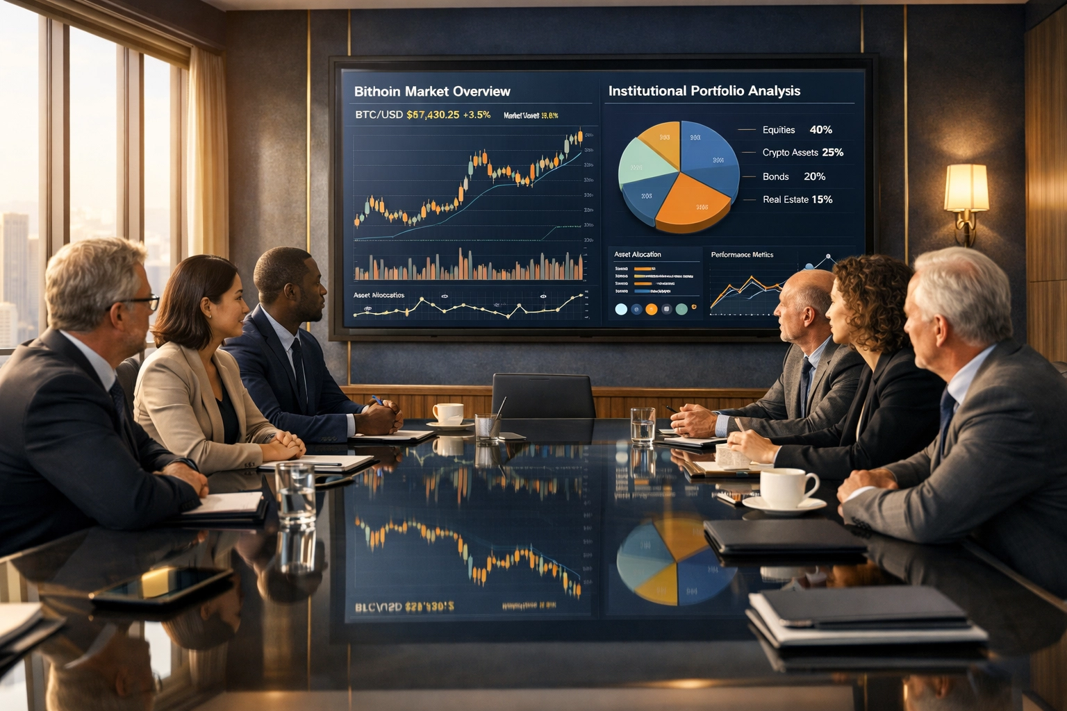 Investment committee reviewing Bitcoin portfolio analytics and institutional crypto integration strategy