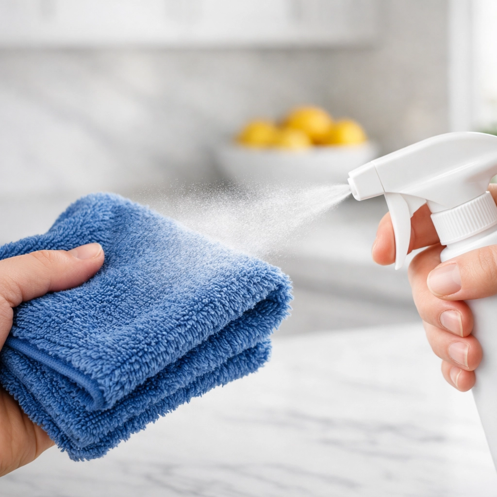 Professional house cleaning Ashby MA technique: spraying cleaner onto a blue microfiber cloth.