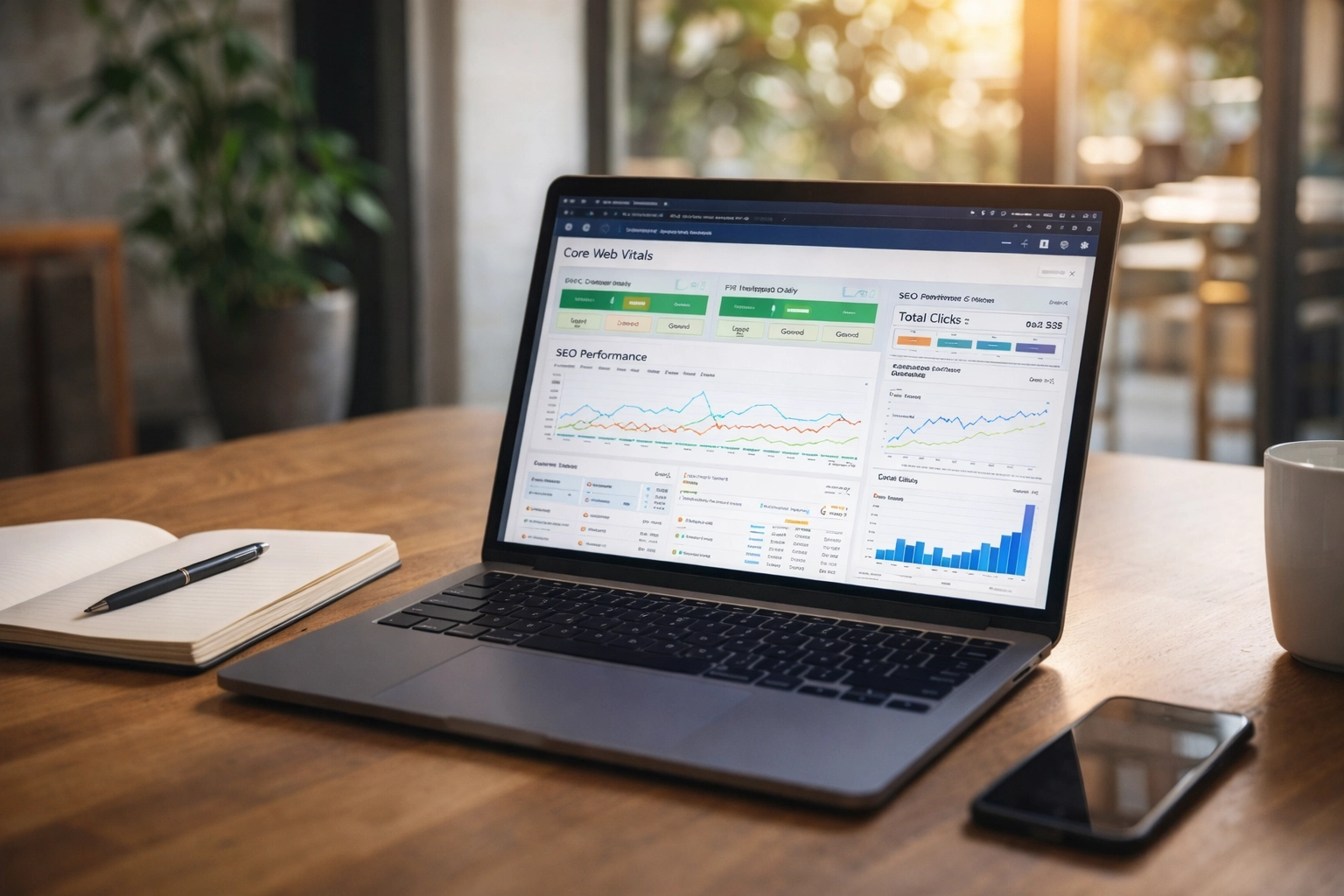 A real desk setup showing a Core Web Vitals / analytics dashboard on a laptop, notebook, and phone—no people, natural office lighting.