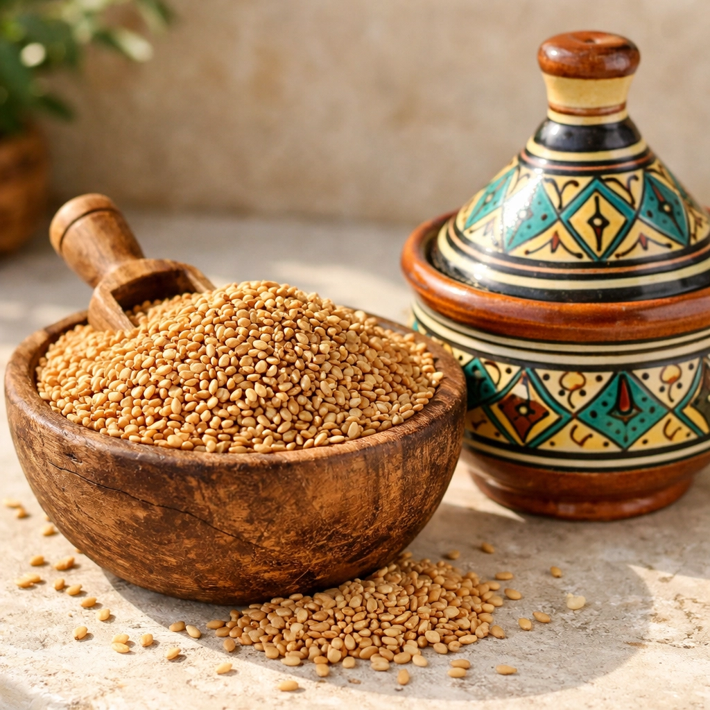 بذور السمسم المغربي عالية الجودة في وعاء تقليدي من Moroccan Goods Shop