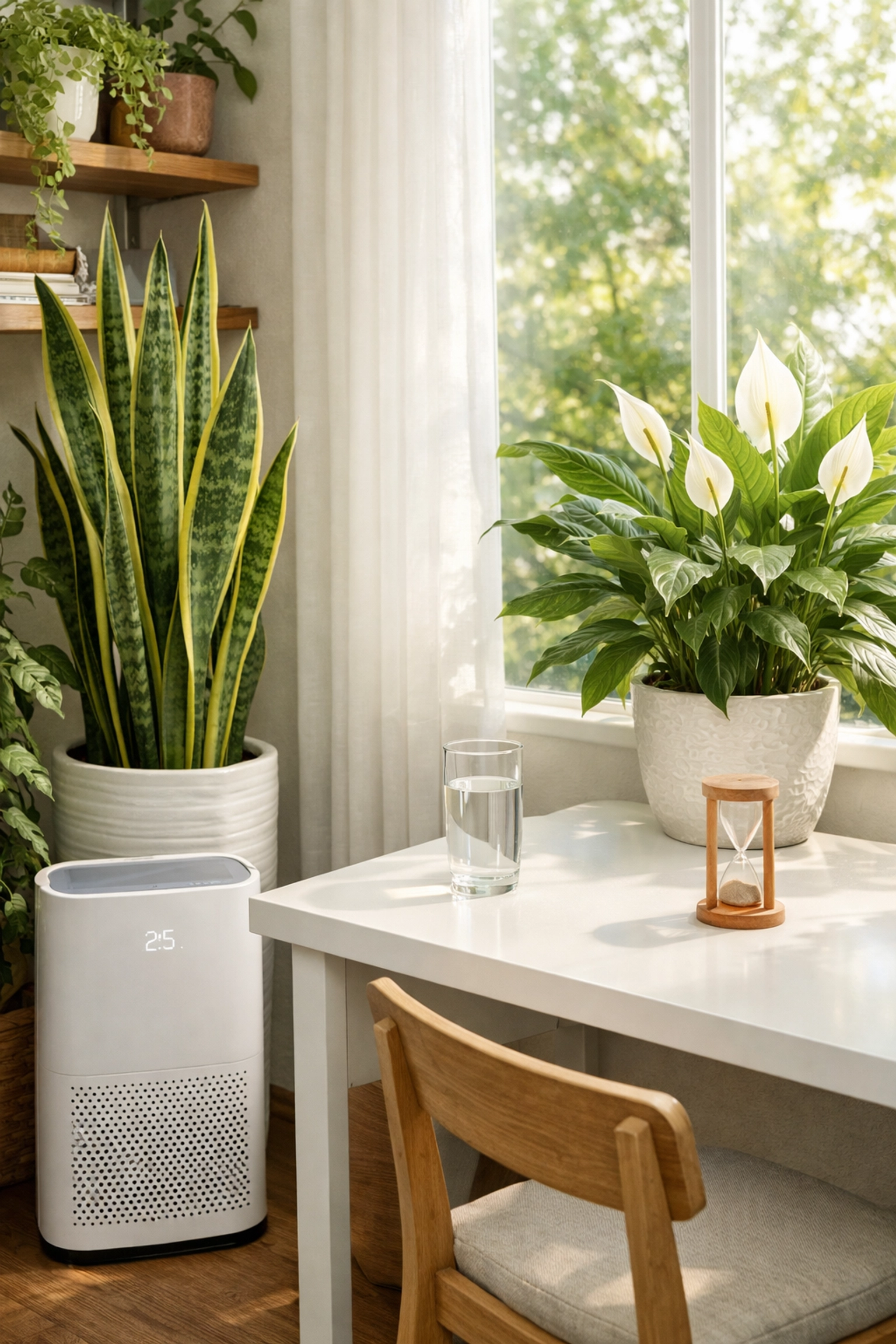 Biophilic study space with indoor plants and an air purifier to improve focus and air quality.