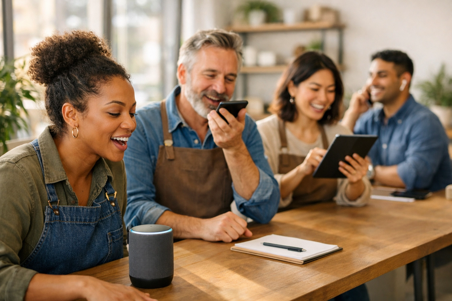 Diverse small business owners using voice search on smartphones and smart speakers in modern office