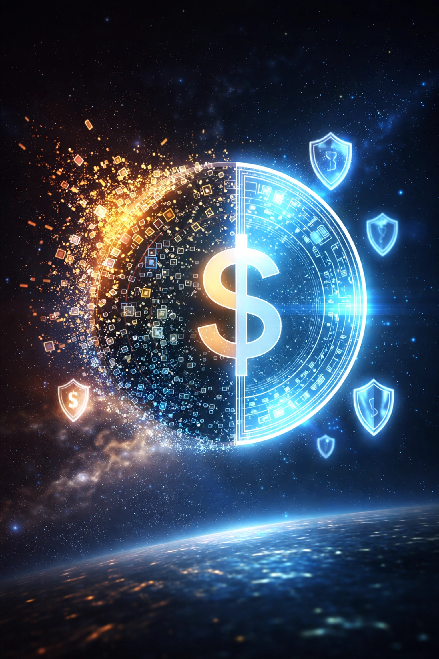 A digital dollar coin stabilizing into a secure form, symbolizing LUSD stablecoin for dependable crypto payments.