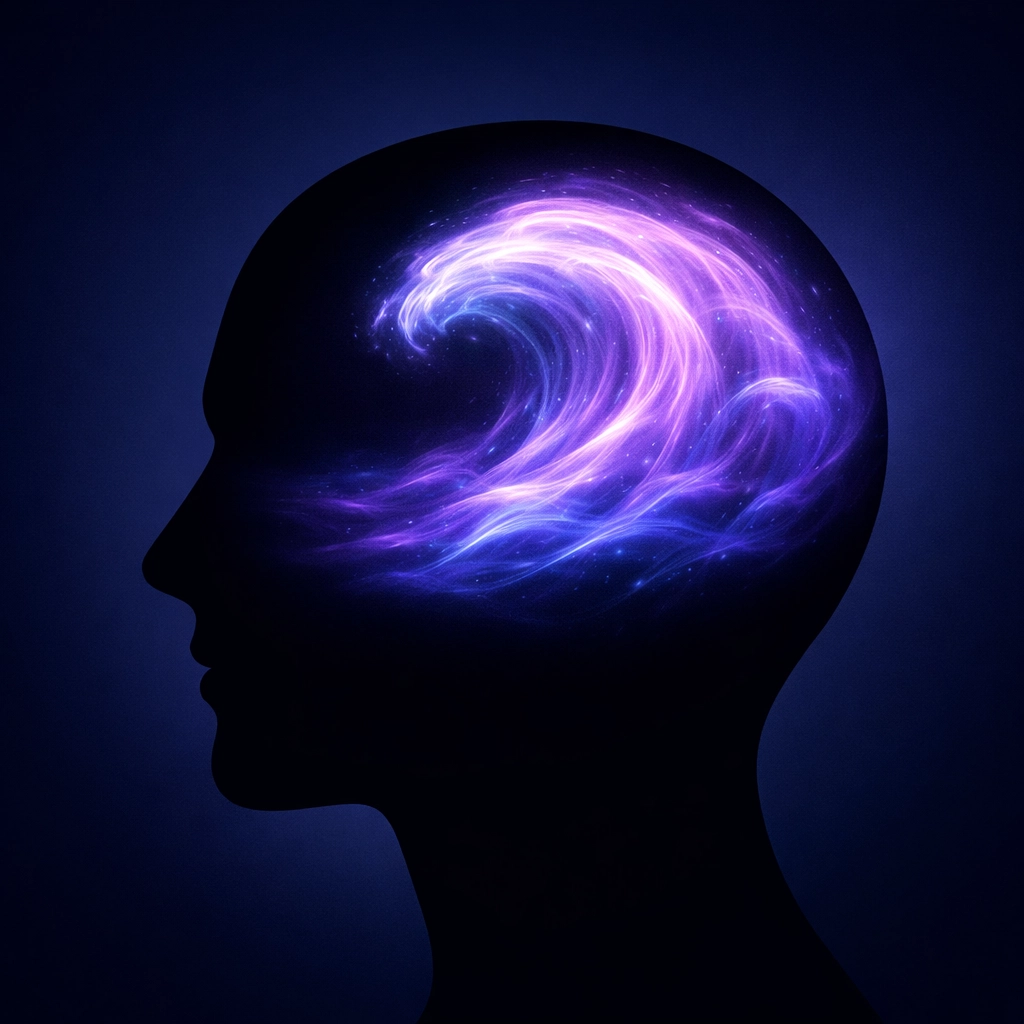 Abstract silhouette of a head with swirling blue light representing cognitive load and invisible disabilities.
