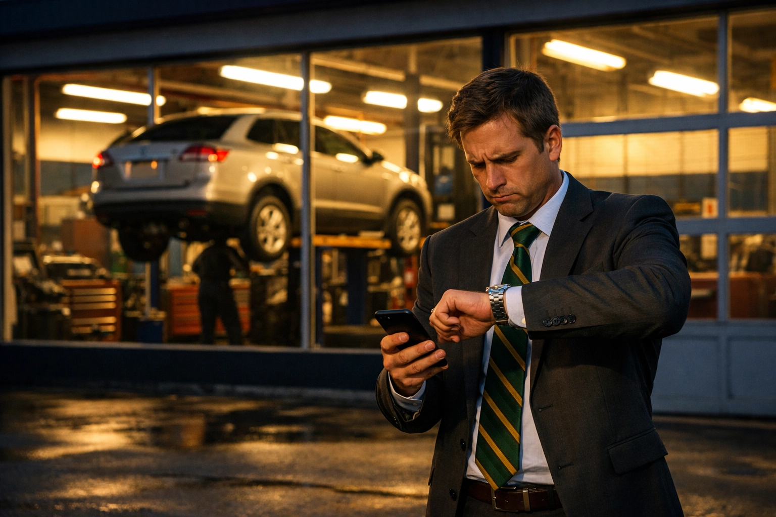 Frustrated driver waiting at traditional Green Bay auto shop checking watch and phone