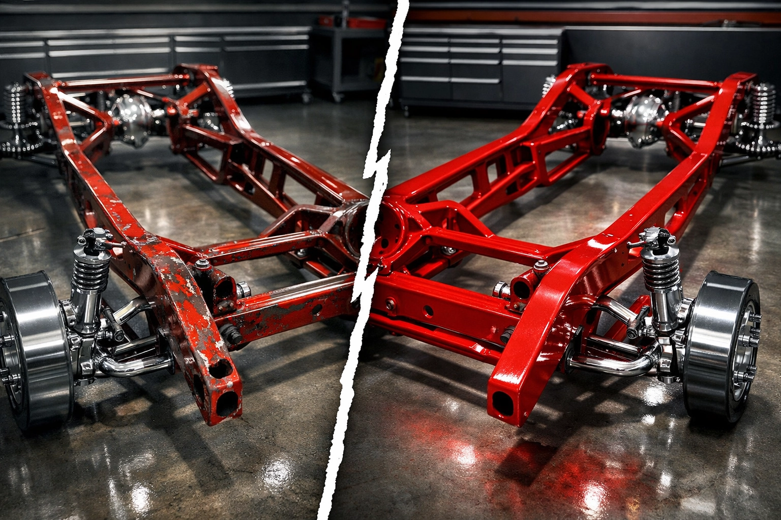 Hot rod frame comparison showing chipped liquid paint versus durable powder coating finish
