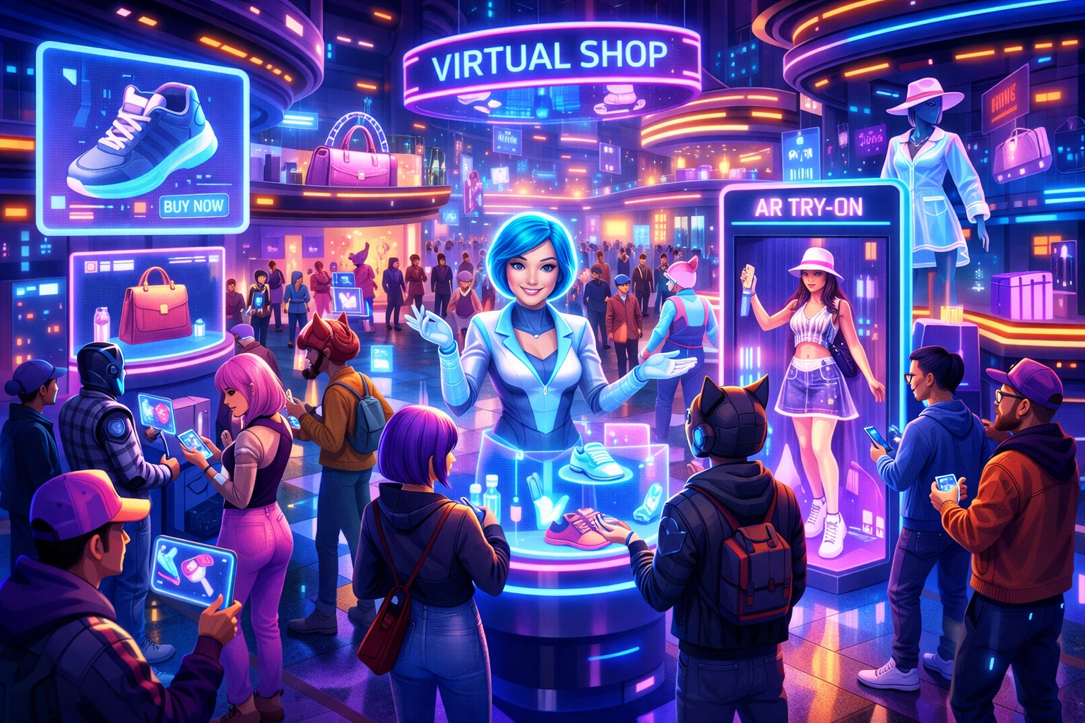 Metaverse social shopping experience with avatars, AR try-on stations, and virtual retail