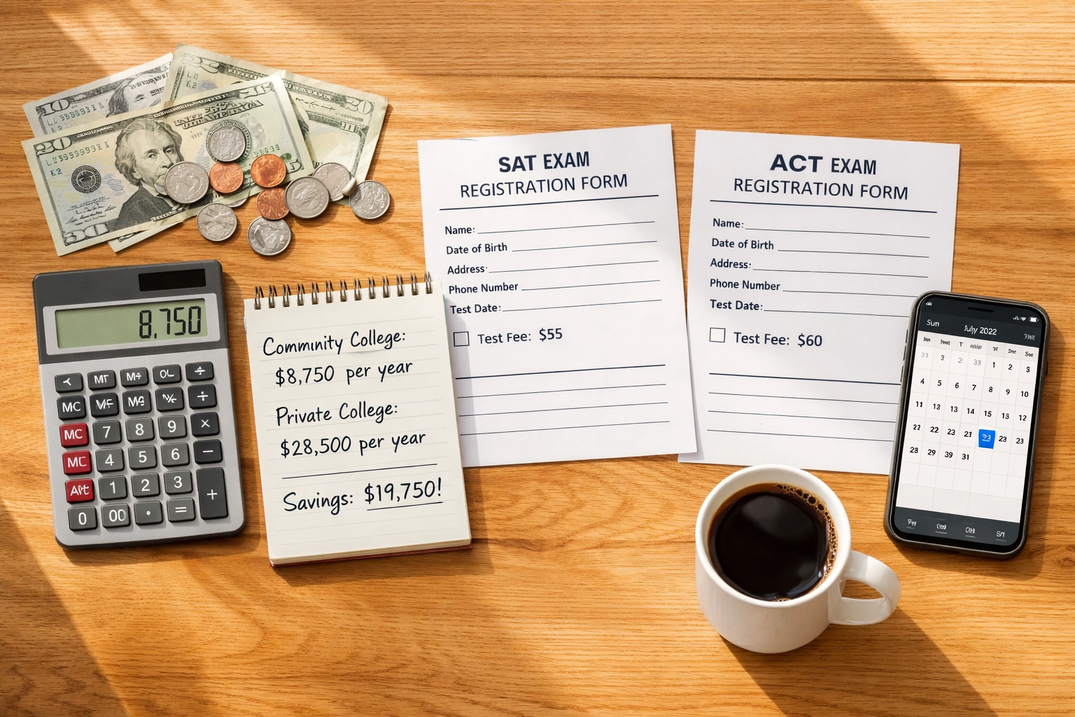 Budget planning calculator and notes comparing CLEP and DSST exam costs
