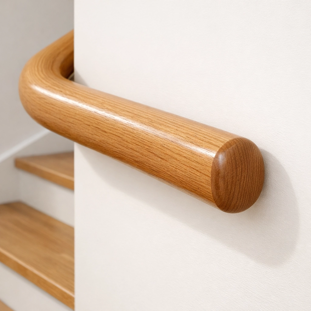 Staircase handrail extension with a smooth wall return to help seniors transition safely off steps.