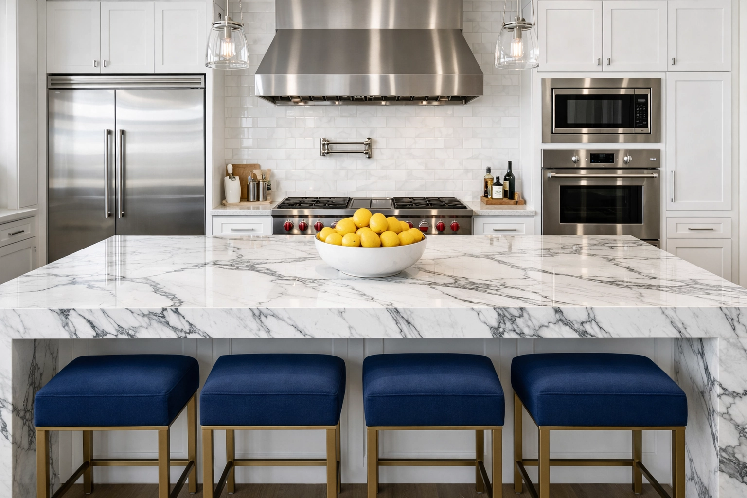Sparkling white marble kitchen island and polished appliances showcasing luxury house cleaning Andover MA standards.
