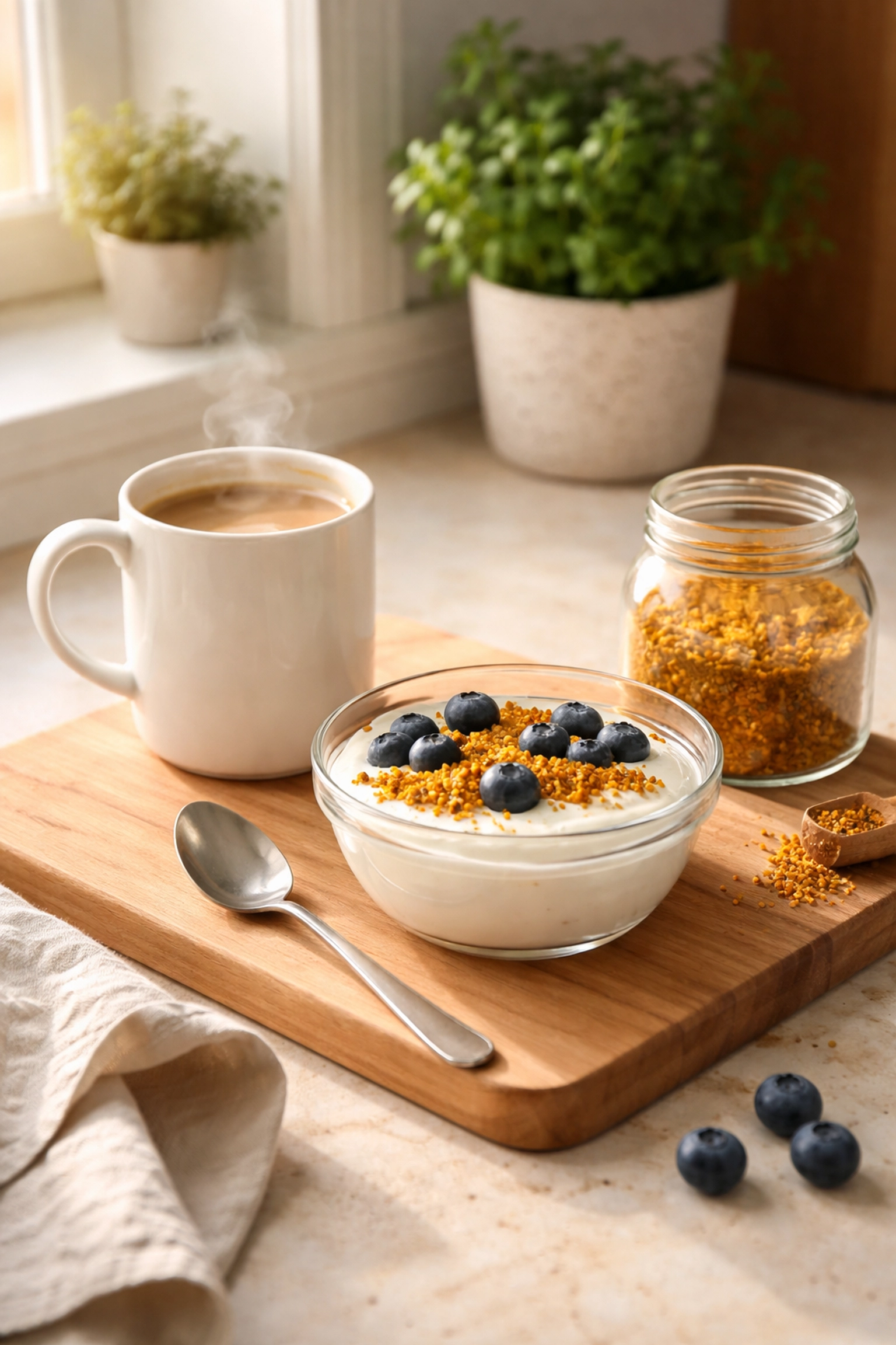 A cozy kitchen scene showing Greek yogurt with pure bee pollen, coffee, and fresh blueberries, ideal for starting a daily bee pollen routine.