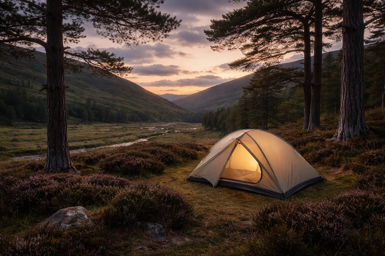 Lightweight hiking tent nestled in a Scottish glen at dusk, ideal camp setup for first-time UK wild camping