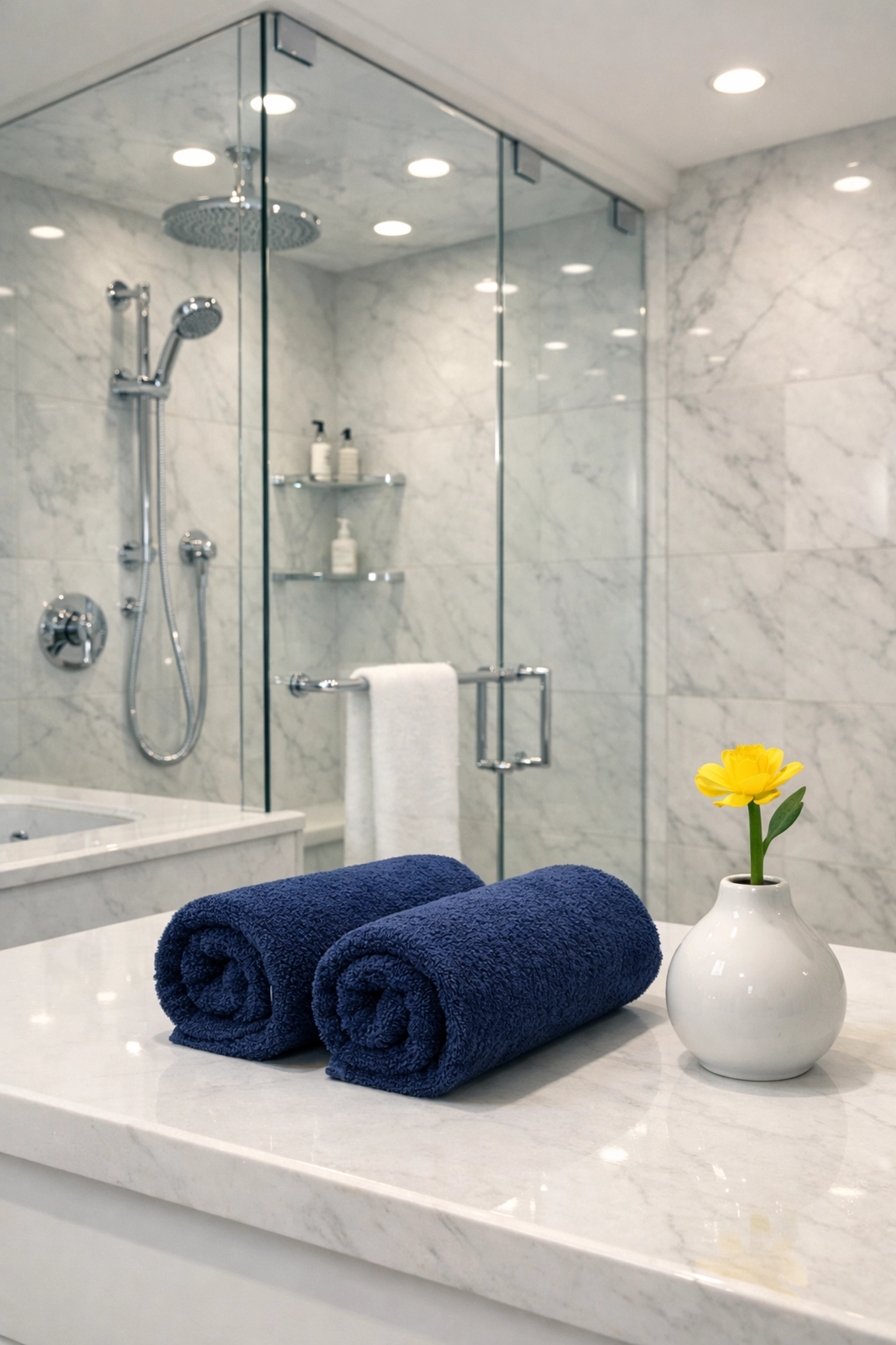 Sparkling clean master bathroom with marble tiles highlighting professional maid services Lowell results.