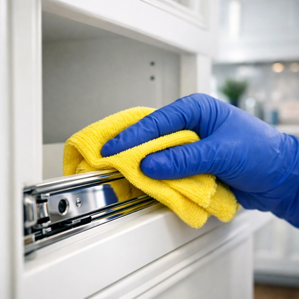 Meticulous cabinet cleaning as part of professional post-construction cleaning in Massachusetts.