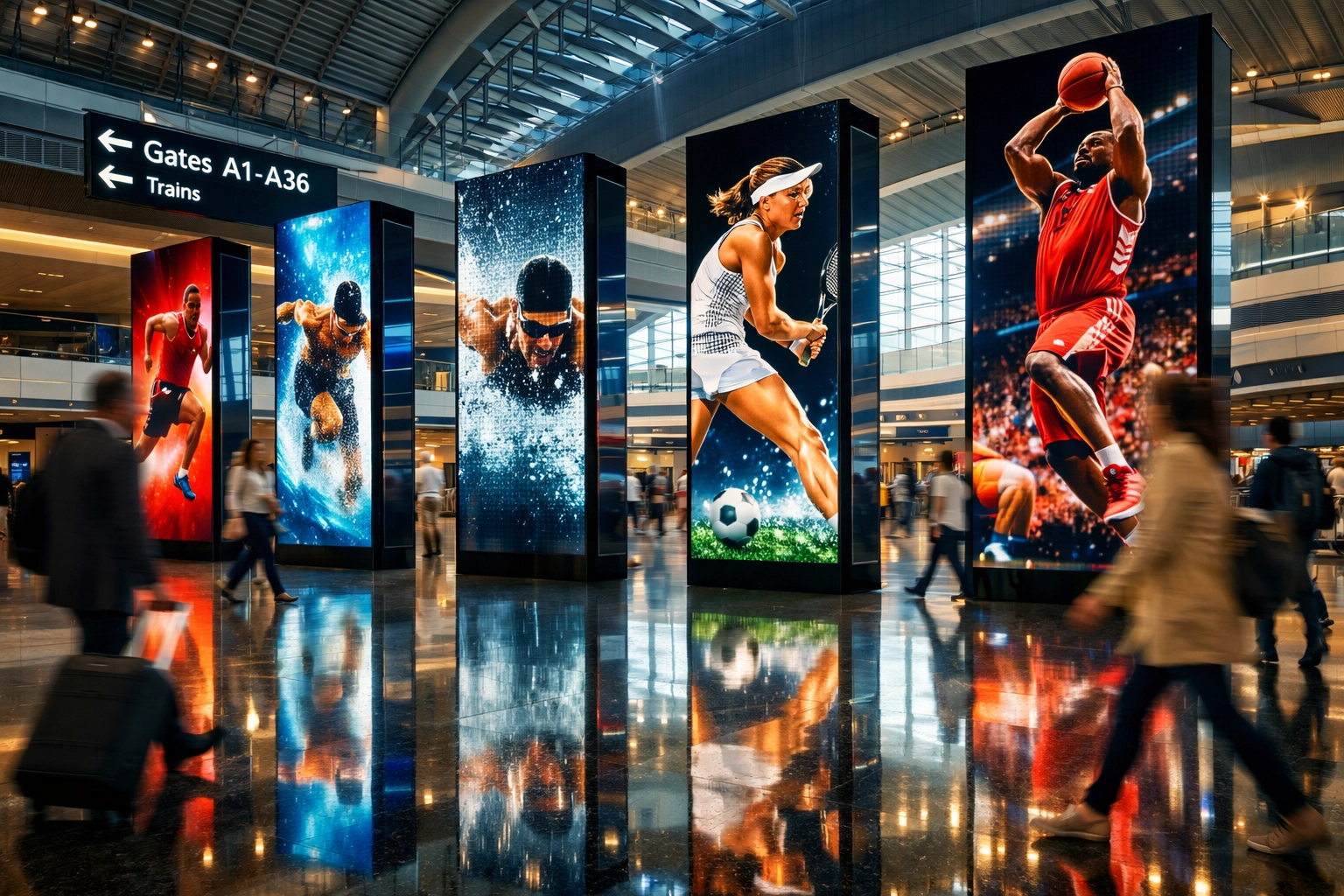 Digital advertising pillars with sports imagery in a busy transit hub showing the scale of the OOH Sports network.