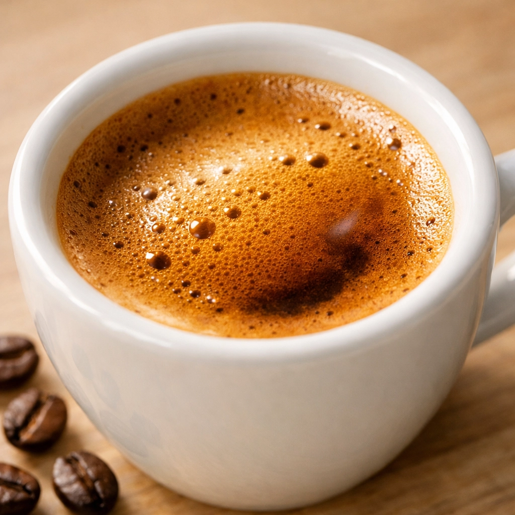 Golden espresso crema layer on freshly pulled shot in white cup