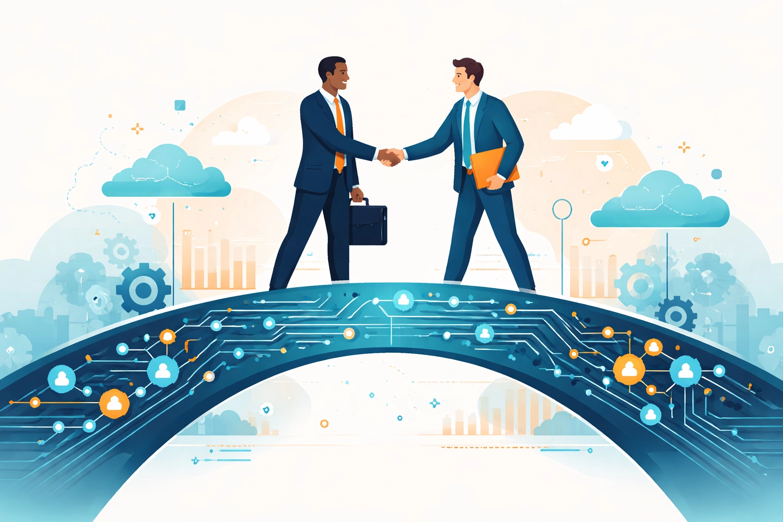 Two business professionals shaking hands across a tech bridge, representing partnership with managed service providers in Michigan