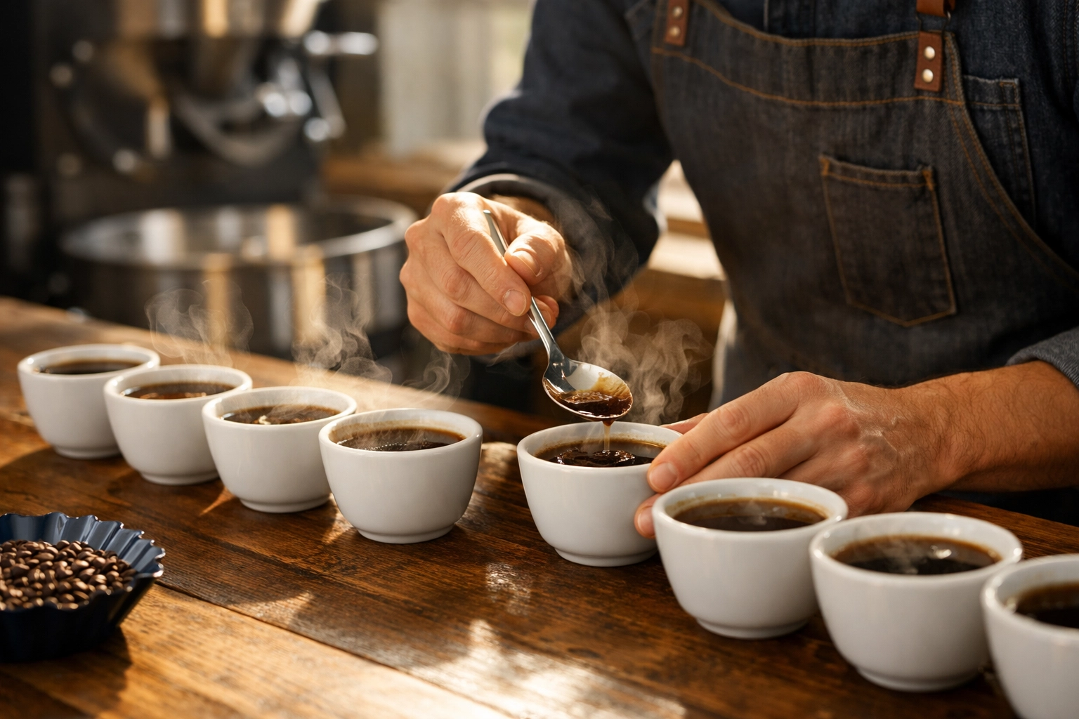 Professional coffee cupping session testing wholesale coffee quality and consistency