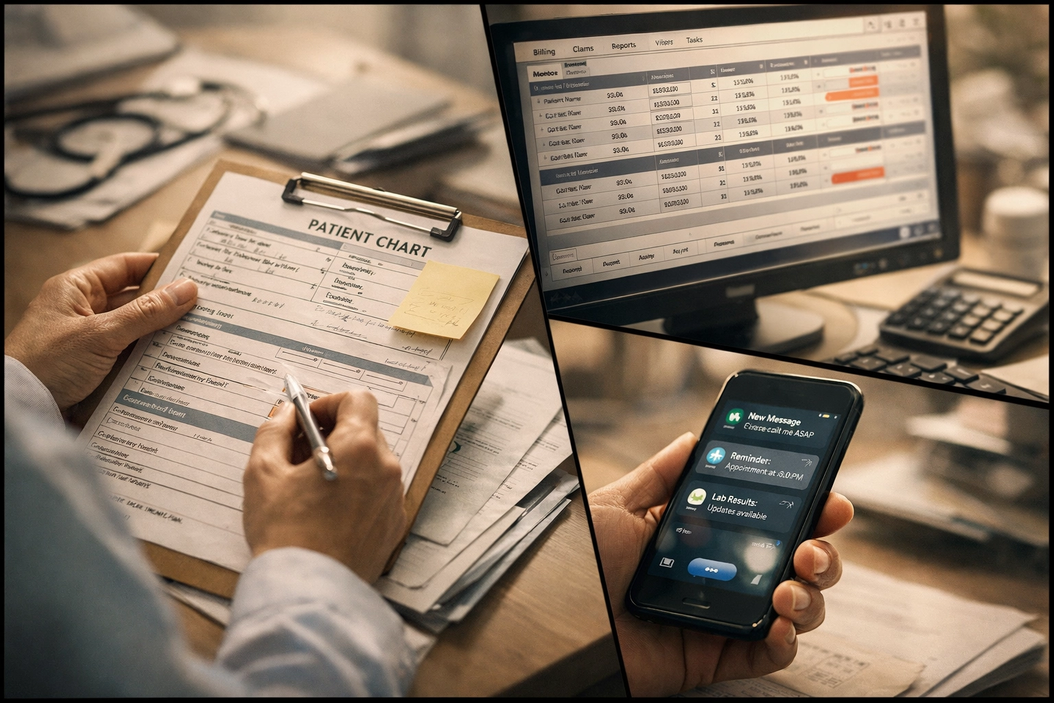 <strong>Monday: The Time Trap: Why Healthcare Practice Owners Can't Find Hours in Their Day</strong> Healthcare provider juggling patient charts, billing software, and messages simultaneously