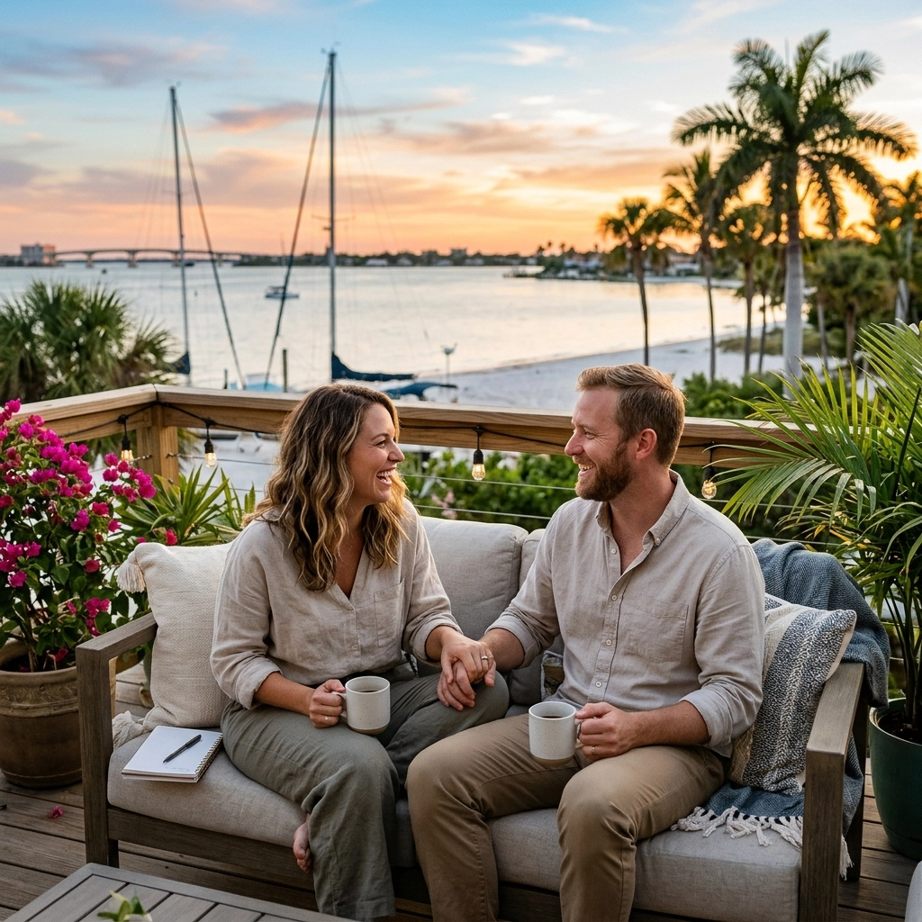 couple smiling on wooden deck holding hands after marriage counseling. plants and tropical flowers and sandy beach in the background.