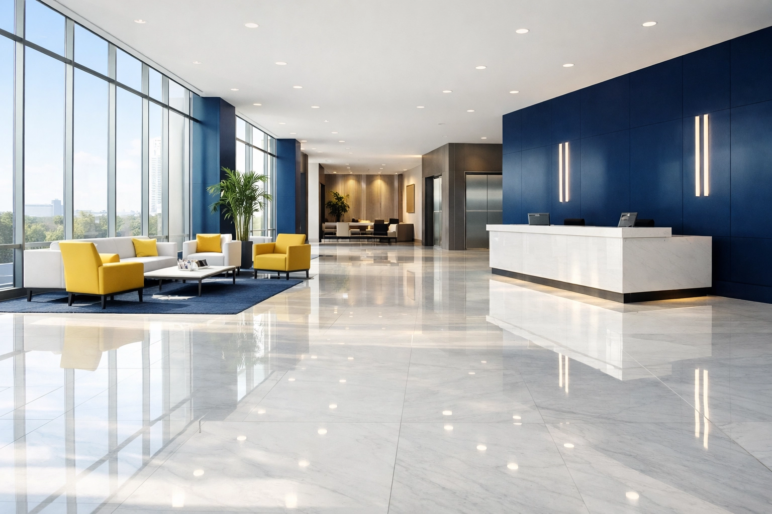 Clean and sanitized Stoneham corporate lobby with polished marble floors and professional janitorial excellence.