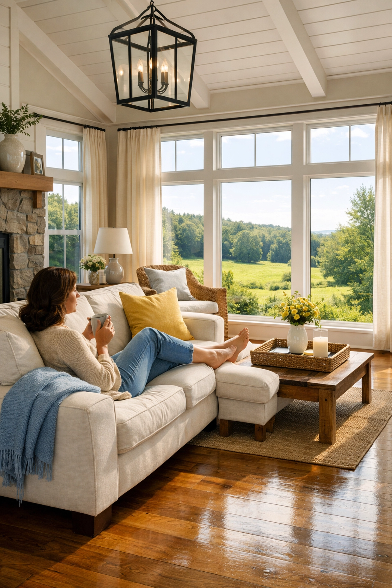 A relaxed person on a sofa in a clean Groton MA living room after professional house cleaning.