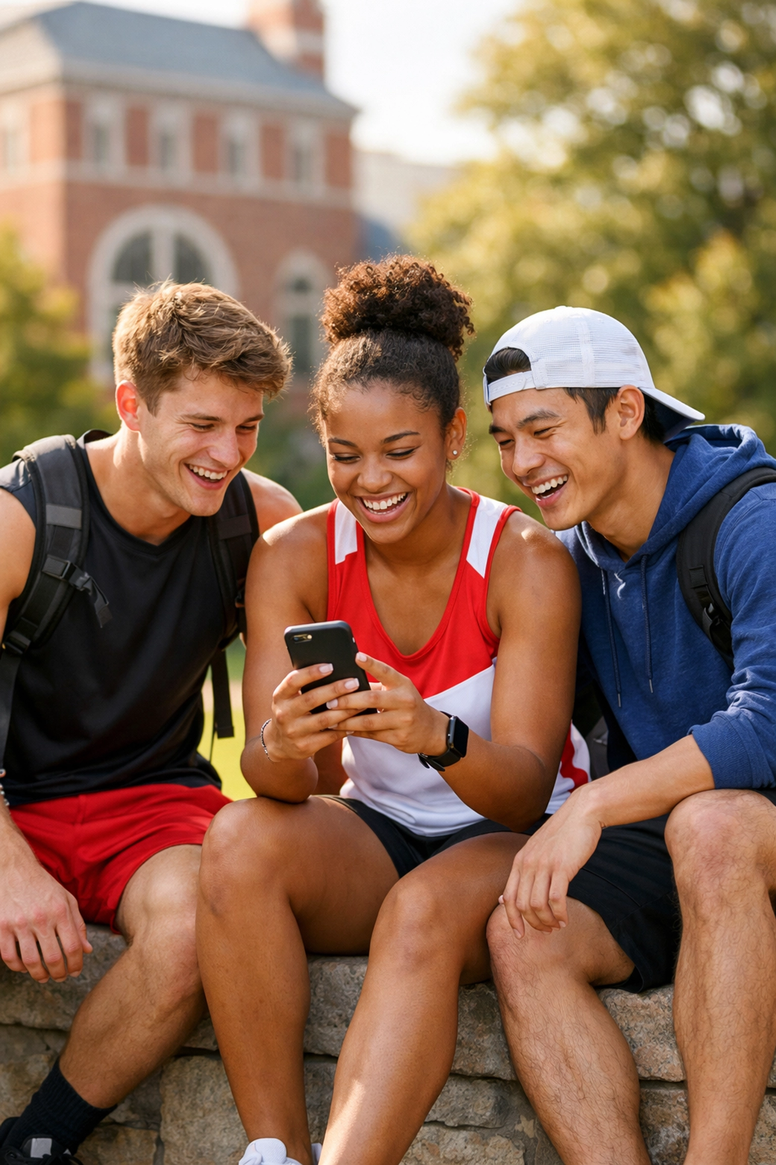 Student-athletes using a smartphone on campus to represent authentic peer-to-peer influencer marketing for NIL.